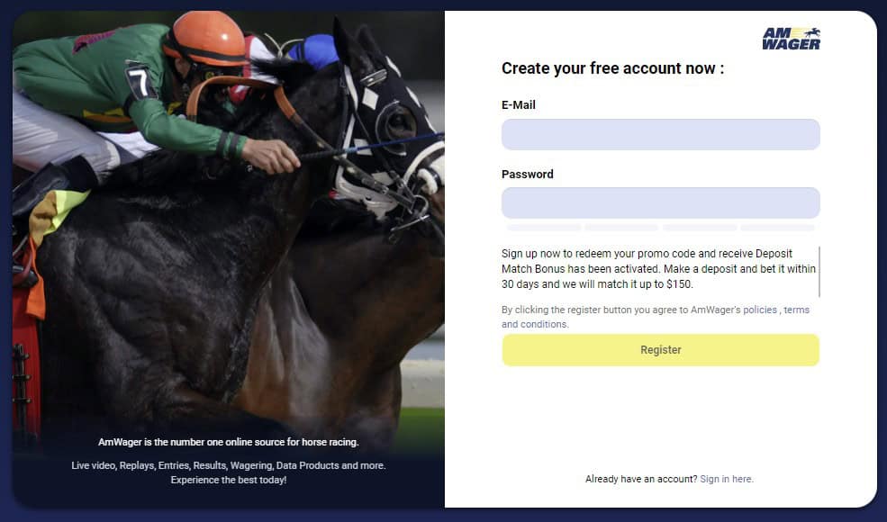 AmWager sign-up page where the welcome bonus is applied