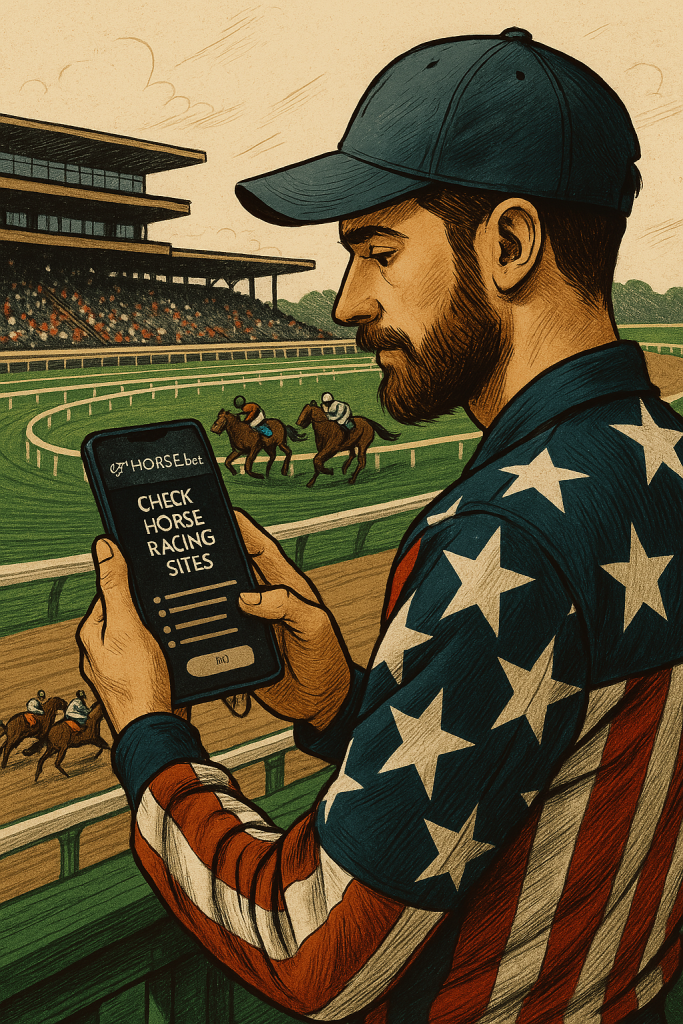 American horse racing bettor checking online racebooks