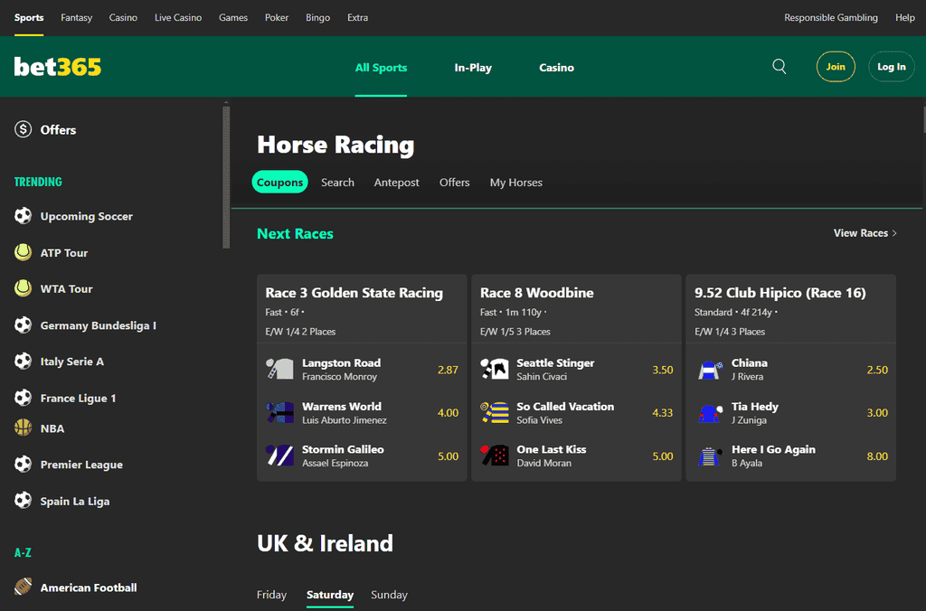 bet365 is best for free bets for horse racing bets