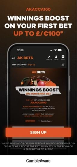 AK Bets promo code AKACCA100: 25% winnings boost on a first acca of 3+ selections at evens, paid as a free bet up to £100