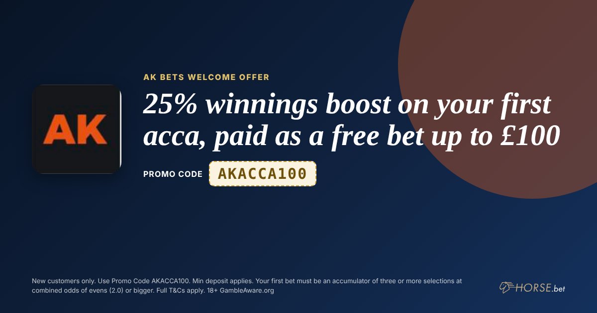 AK Bets promo code AKACCA100: 25% winnings boost on your first acca, paid as a free bet up to £100