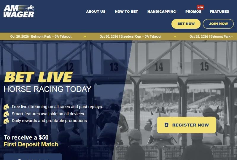 AmWager homepage: bet live horse racing with a $50 first deposit match