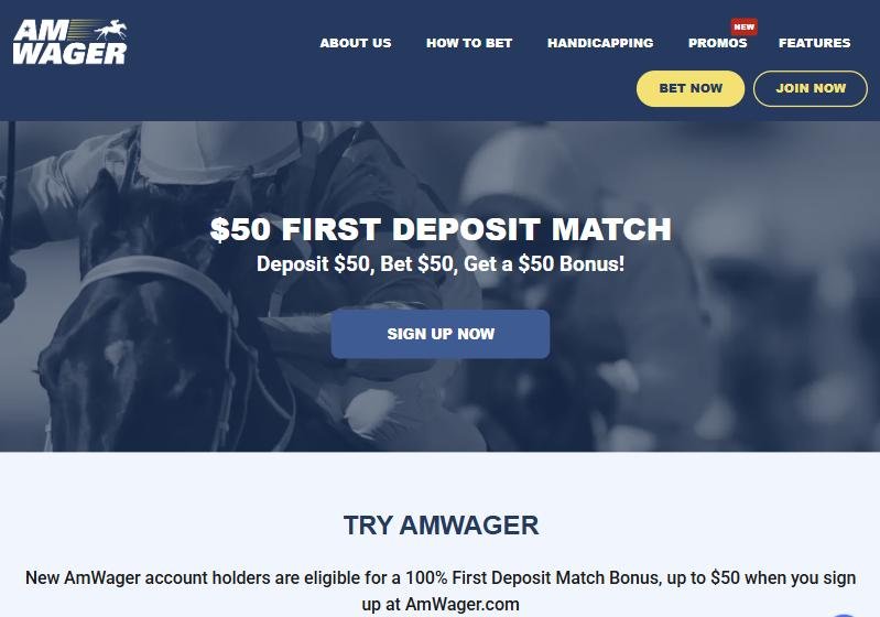 AmWager promo page: $50 first deposit match — deposit $50, bet $50, get a $50 bonus