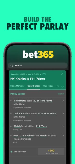 bet365 app – Parlay Builder on an NBA game