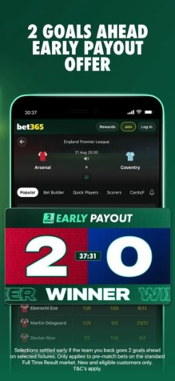 bet365 app – Early Payout offer when your team goes two goals ahead