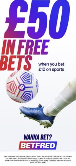 Betfred welcome offer: £50 in free bets when you bet £10 on sports, as shown on the App Store