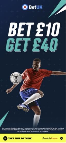 BetUK free bet offer: bet £10, get £40 in free bets for new customers