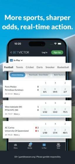 BetVictor app – in-play menu across football, tennis and cricket