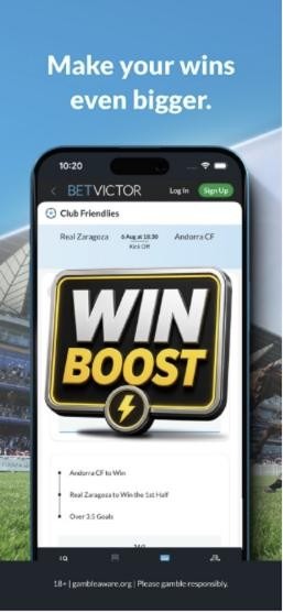 BetVictor welcome offer includes a 100% Win Boost; here a Win Boost applied to a Bet Builder in the app