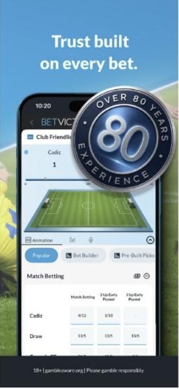 BetVictor review: the app’s over 80 years of bookmaking experience screen