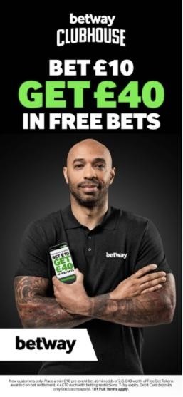 Betway welcome offer: bet £10, get £40 in free bets, from the Betway Clubhouse creative