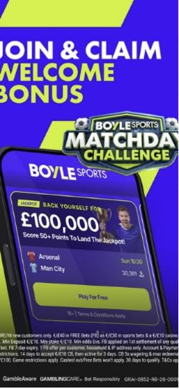 BoyleSports welcome offer: join and claim the welcome bonus, with the free-to-play Matchday Challenge jackpot