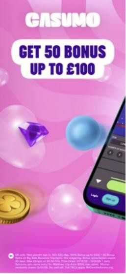 Casumo welcome offer artwork from the UK App Store listing, advertising a new-player casino bonus