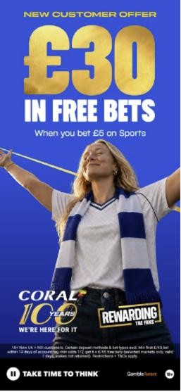Coral welcome offer: £50 in free bets when you bet £10 on sports