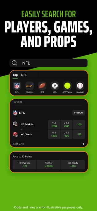 DraftKings app – search for players, games and props