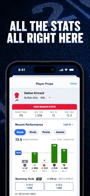 FanDuel app – player stats beside the props