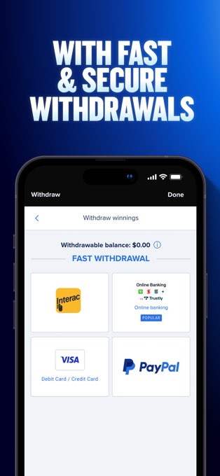 FanDuel app – withdrawal screen with Interac