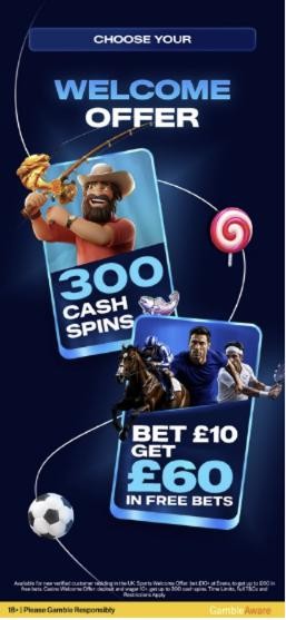 Highbet welcome offer screen: choose bet £10 get £60 in free bets or 300 cash spins