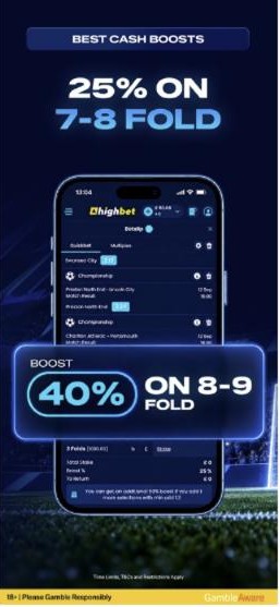 Highbet free bet alternative for accas: 25% cash boost on 7-8 folds and 40% on 8-9 folds