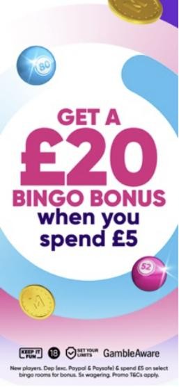 Mecca Bingo welcome offer: a £20 bingo bonus when you spend £5, shown in the app