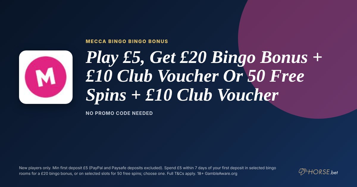 Mecca Bingo promo code and welcome offer: Play £5, Get £20 Bingo Bonus + £10 Club Voucher Or 50 Free Spins + £10 Club Voucher