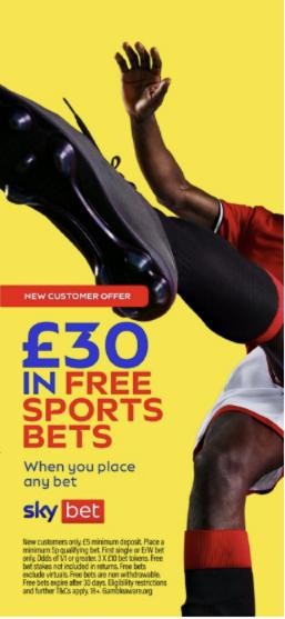 Sky Bet welcome offer: £30 in free sports bets for new customers who place a bet