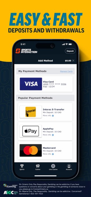Sports Interaction app – Interac and card payments