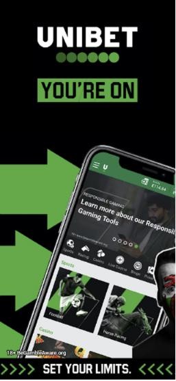 Unibet review: the Unibet app home screen with the You're On slogan